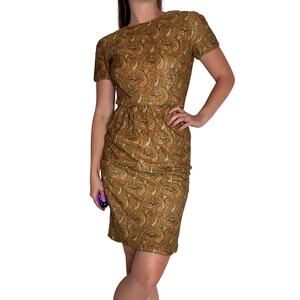 Vintage 50s Jonathan Logan Metallic Brocade Wiggle Dress Gold Floral Mid Century